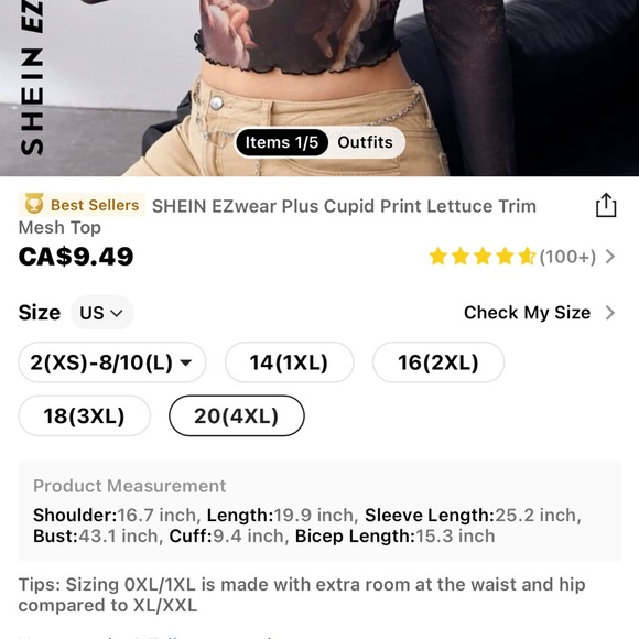 Mesh, cupid print, lettuce, trim, shirt, semi sheer SHEIN - Picture 2 of 2